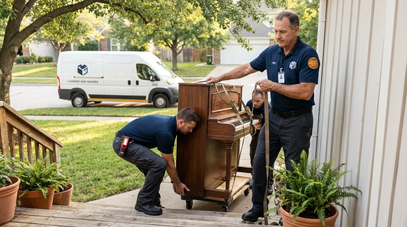 Licensed piano movers securing grand piano in Coarsegold, CA