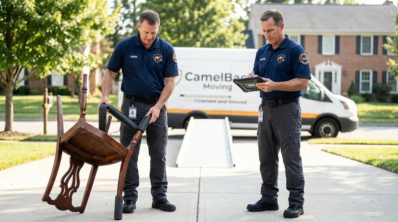 Movers inspecting furniture for damage prevention before loading in Coarsegold, CA
