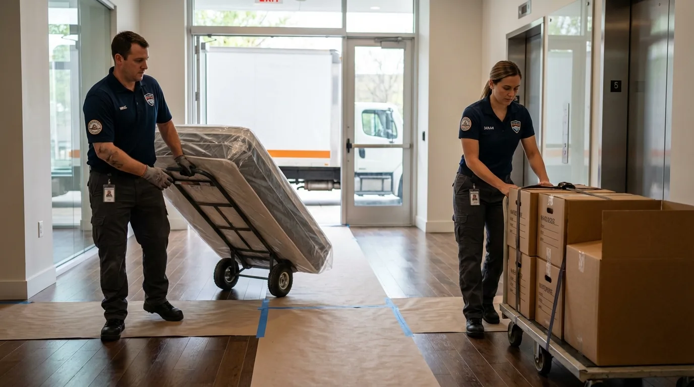 Professional apartment movers loading elevator in Coarsegold, CA